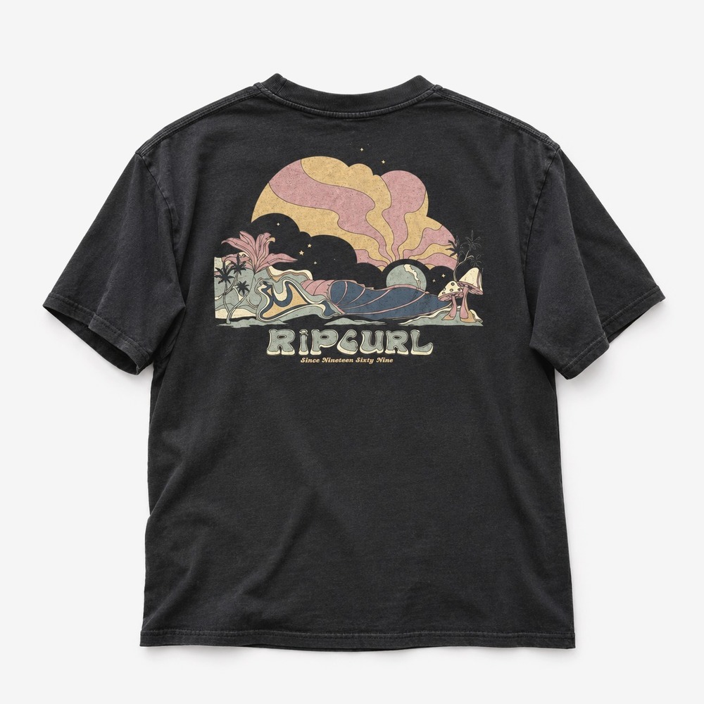 Rip Curl Mens M Black Surf Graphic T Shirt Relaxed Fit Back Print Beach Tee